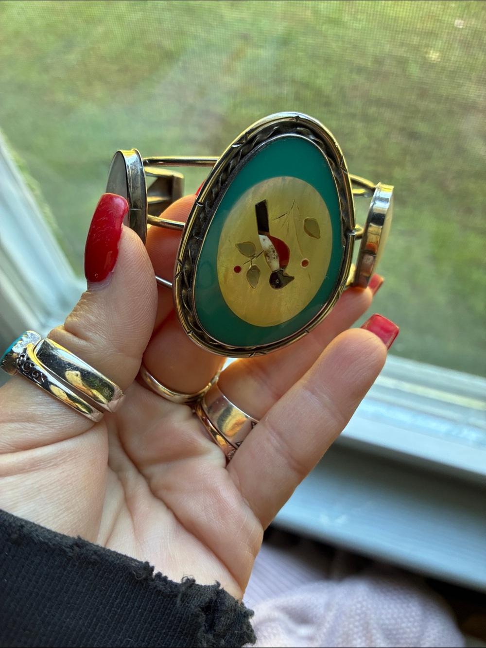 Turquoise and Cream Inlay Teardrop Statement Cuff Bracelet